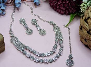 Pink rhodium premium designer american diamond and stone work necklace set 4