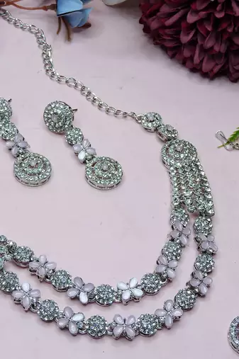 Pink rhodium premium designer american diamond and stone work necklace set