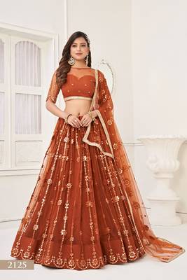 Brown Net Embroidered & Thread Work Semi Stitched Lehenga Choli 1