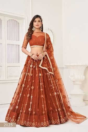 Brown Net Embroidered & Thread Work Semi Stitched Lehenga Choli