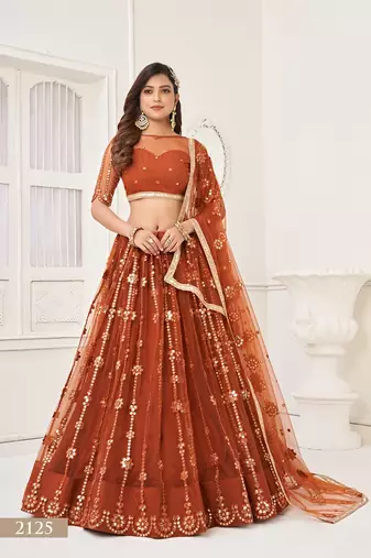 Brown Net Embroidered & Thread Work Semi Stitched Lehenga Choli