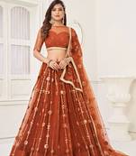 Brown Net Embroidered & Thread Work Semi Stitched Lehenga Choli