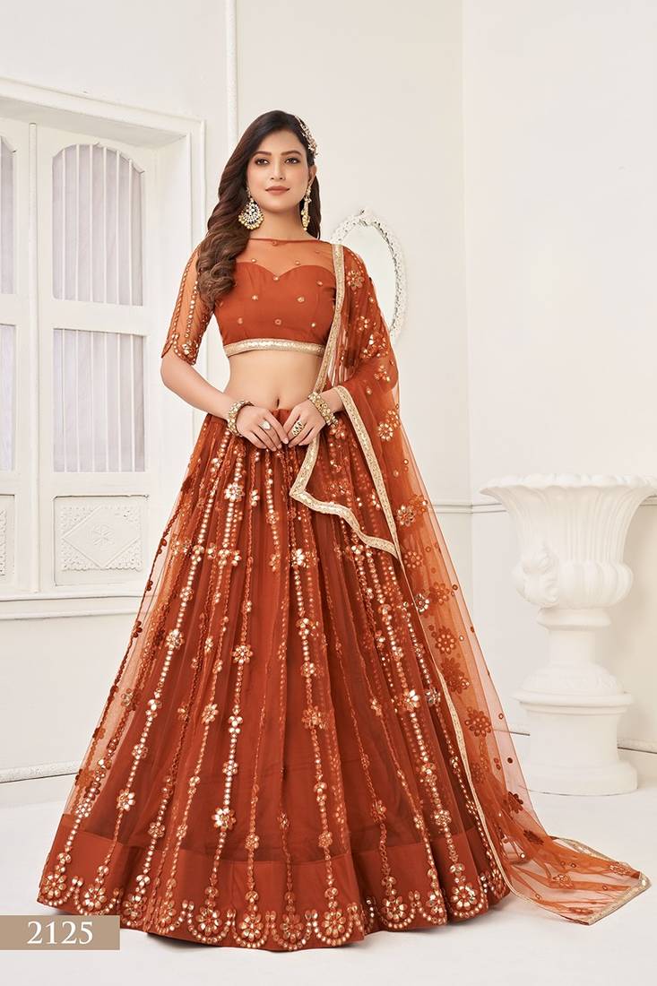 Brown Net Embroidered & Thread Work Semi Stitched Lehenga Choli