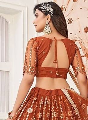 Brown Net Embroidered & Thread Work Semi Stitched Lehenga Choli 2
