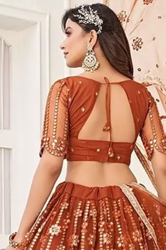 Brown Net Embroidered & Thread Work Semi Stitched Lehenga Choli
