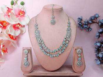 Green rhodium premium designer american diamond and stone work necklace set 1