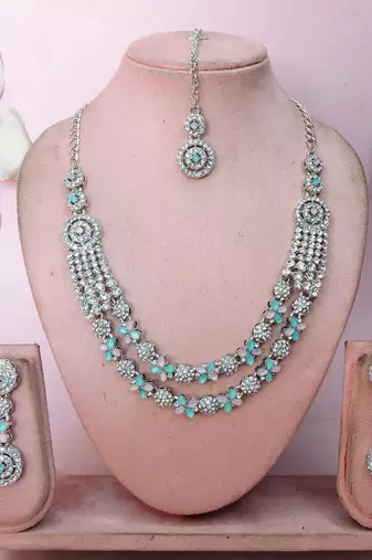 Green rhodium premium designer american diamond and stone work necklace set