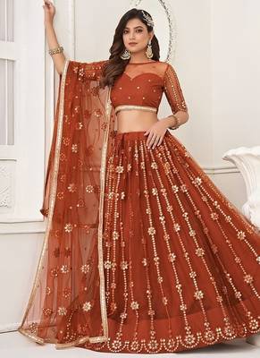 Brown Net Embroidered & Thread Work Semi Stitched Lehenga Choli 3