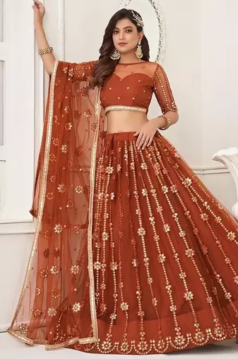 Brown Net Embroidered & Thread Work Semi Stitched Lehenga Choli