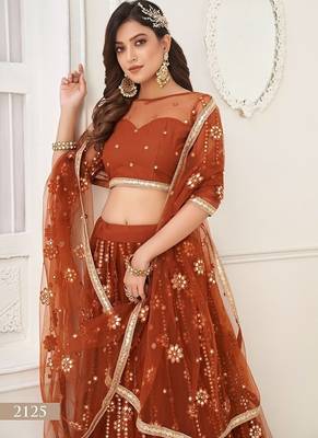 Brown Net Embroidered & Thread Work Semi Stitched Lehenga Choli 4