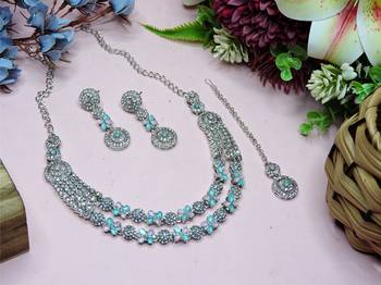 Green rhodium premium designer american diamond and stone work necklace set 2