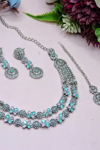 Green rhodium premium designer american diamond and stone work necklace set
