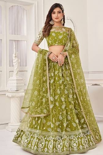 Green Net Embroidered & Thread Work Semi Stitched Lehenga Choli