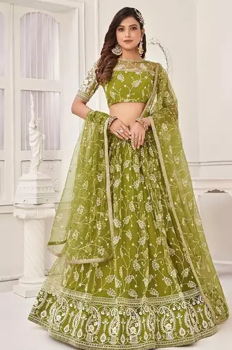 Green Net Embroidered & Thread Work Semi Stitched Lehenga Choli