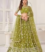 Green Net Embroidered & Thread Work Semi Stitched Lehenga Choli