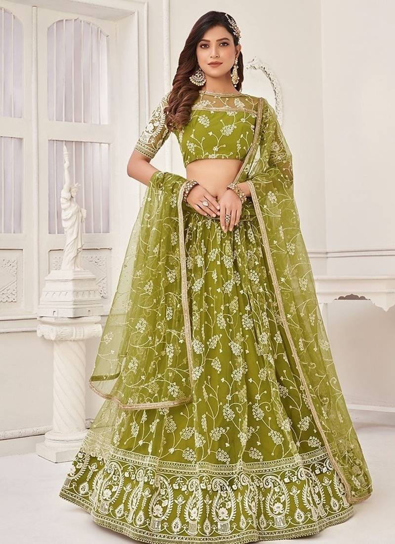 Green Net Embroidered & Thread Work Semi Stitched Lehenga Choli