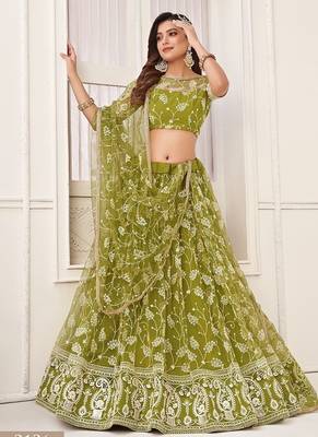 Green Net Embroidered & Thread Work Semi Stitched Lehenga Choli 2
