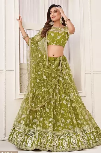 Green Net Embroidered & Thread Work Semi Stitched Lehenga Choli
