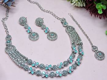 Green rhodium premium designer american diamond and stone work necklace set 3