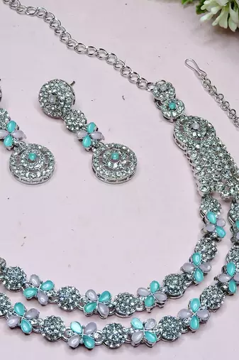 Green rhodium premium designer american diamond and stone work necklace set