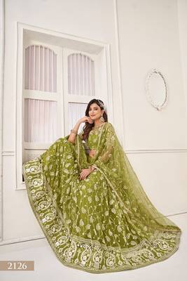Green Net Embroidered & Thread Work Semi Stitched Lehenga Choli 3