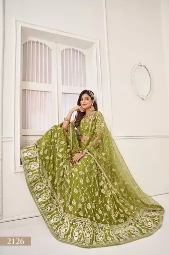 Green Net Embroidered & Thread Work Semi Stitched Lehenga Choli