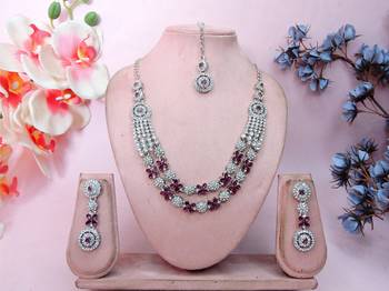 Purple rhodium premium designer american diamond and stone work necklace set 1