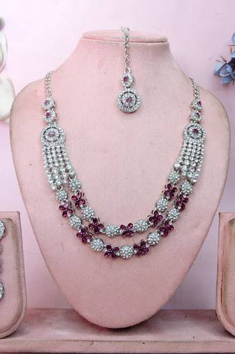 Purple rhodium premium designer american diamond and stone work necklace set