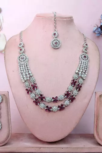 Purple rhodium premium designer american diamond and stone work necklace set