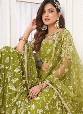 Green Net Embroidered & Thread Work Semi Stitched Lehenga Choli 4