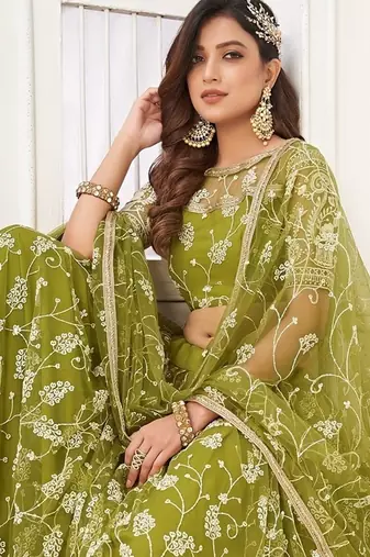 Green Net Embroidered & Thread Work Semi Stitched Lehenga Choli