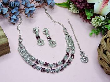 Purple rhodium premium designer american diamond and stone work necklace set 2