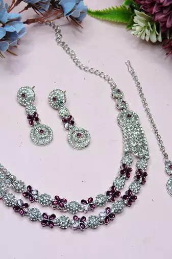 Purple rhodium premium designer american diamond and stone work necklace set