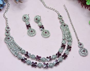 Purple rhodium premium designer american diamond and stone work necklace set 3