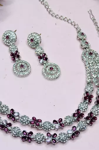 Purple rhodium premium designer american diamond and stone work necklace set