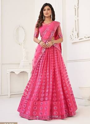Pink Net Embroidered & Thread Work Semi Stitched Lehenga Choli 1