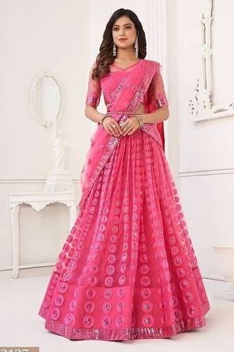 Pink Net Embroidered & Thread Work Semi Stitched Lehenga Choli