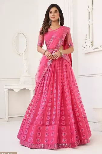 Pink Net Embroidered & Thread Work Semi Stitched Lehenga Choli