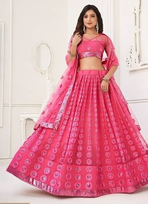 Pink Net Embroidered & Thread Work Semi Stitched Lehenga Choli 2