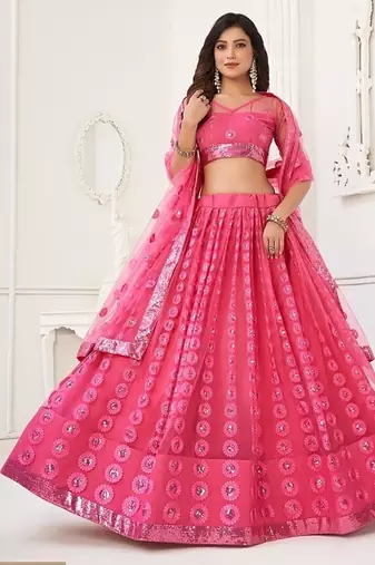 Pink Net Embroidered & Thread Work Semi Stitched Lehenga Choli