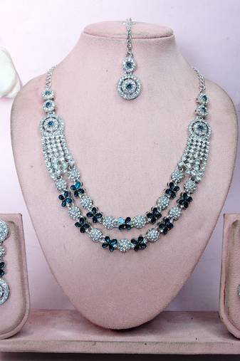 Blue rhodium premium designer american diamond and stone work necklace set