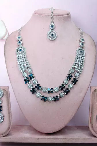 Blue rhodium premium designer american diamond and stone work necklace set