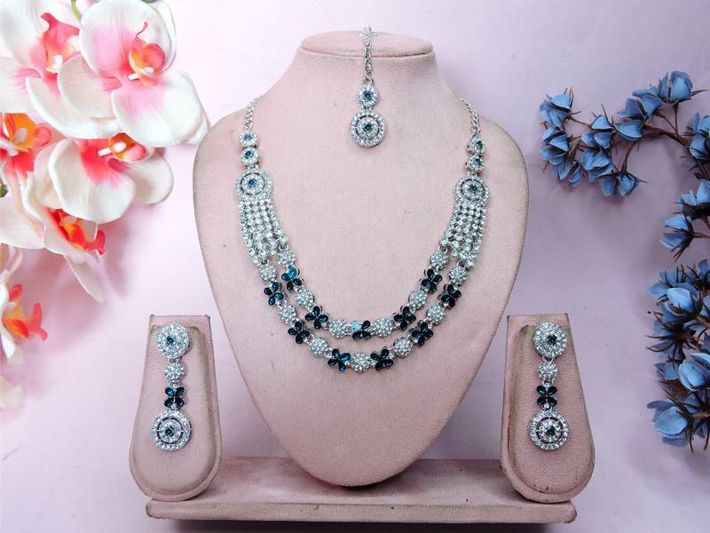 Blue rhodium premium designer american diamond and stone work necklace set