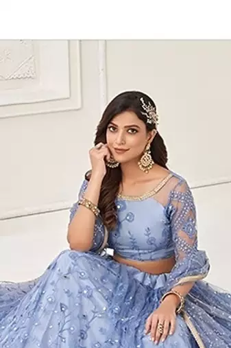 Blue Net Embroidered & Thread Work Semi Stitched Lehenga Choli