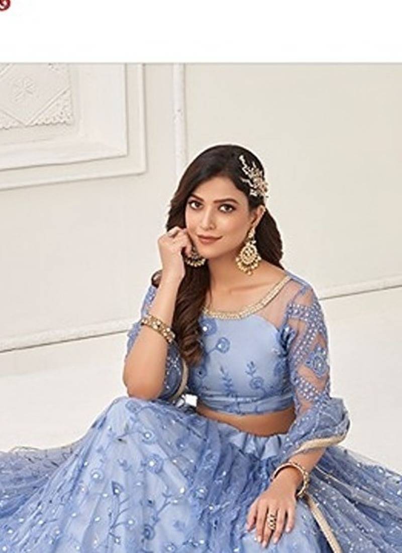 Blue Net Embroidered & Thread Work Semi Stitched Lehenga Choli