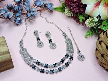 Blue rhodium premium designer american diamond and stone work necklace set 2