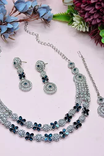 Blue rhodium premium designer american diamond and stone work necklace set