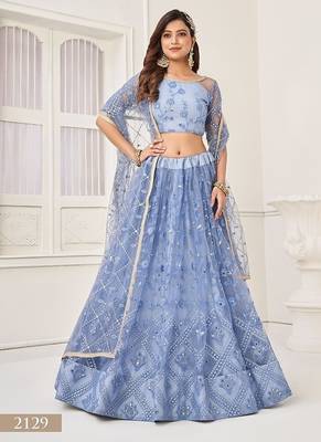 Blue Net Embroidered & Thread Work Semi Stitched Lehenga Choli 2