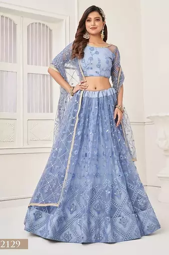 Blue Net Embroidered & Thread Work Semi Stitched Lehenga Choli