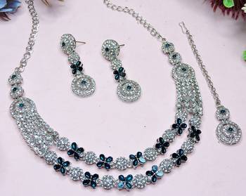 Blue rhodium premium designer american diamond and stone work necklace set 3